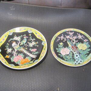 2 Japanese Satsuma Plates Birds and Flowers Japan 9 1/2" and 8 1/2" across.